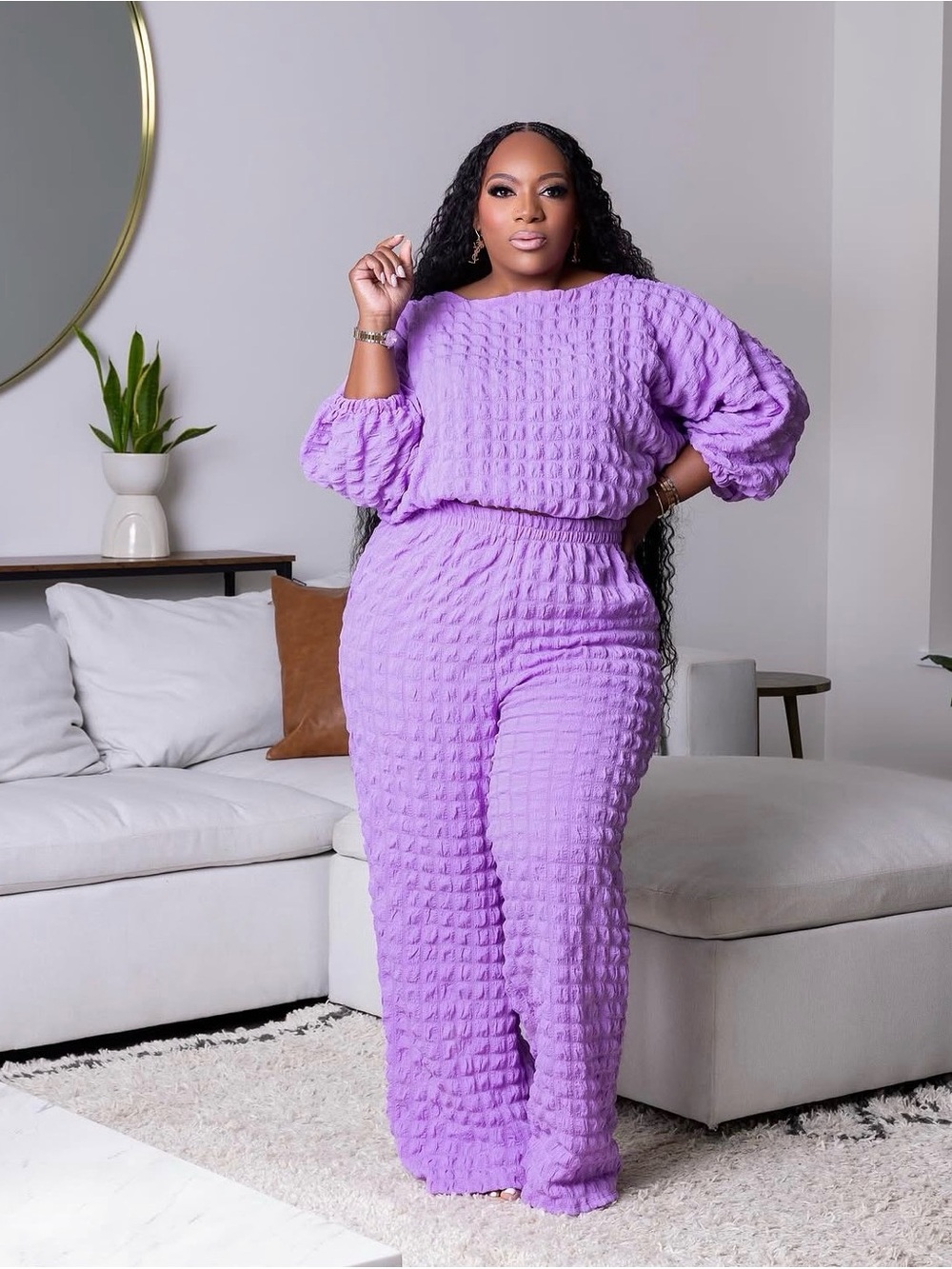 Plus Lavender Textured Knit Pants & Top Set